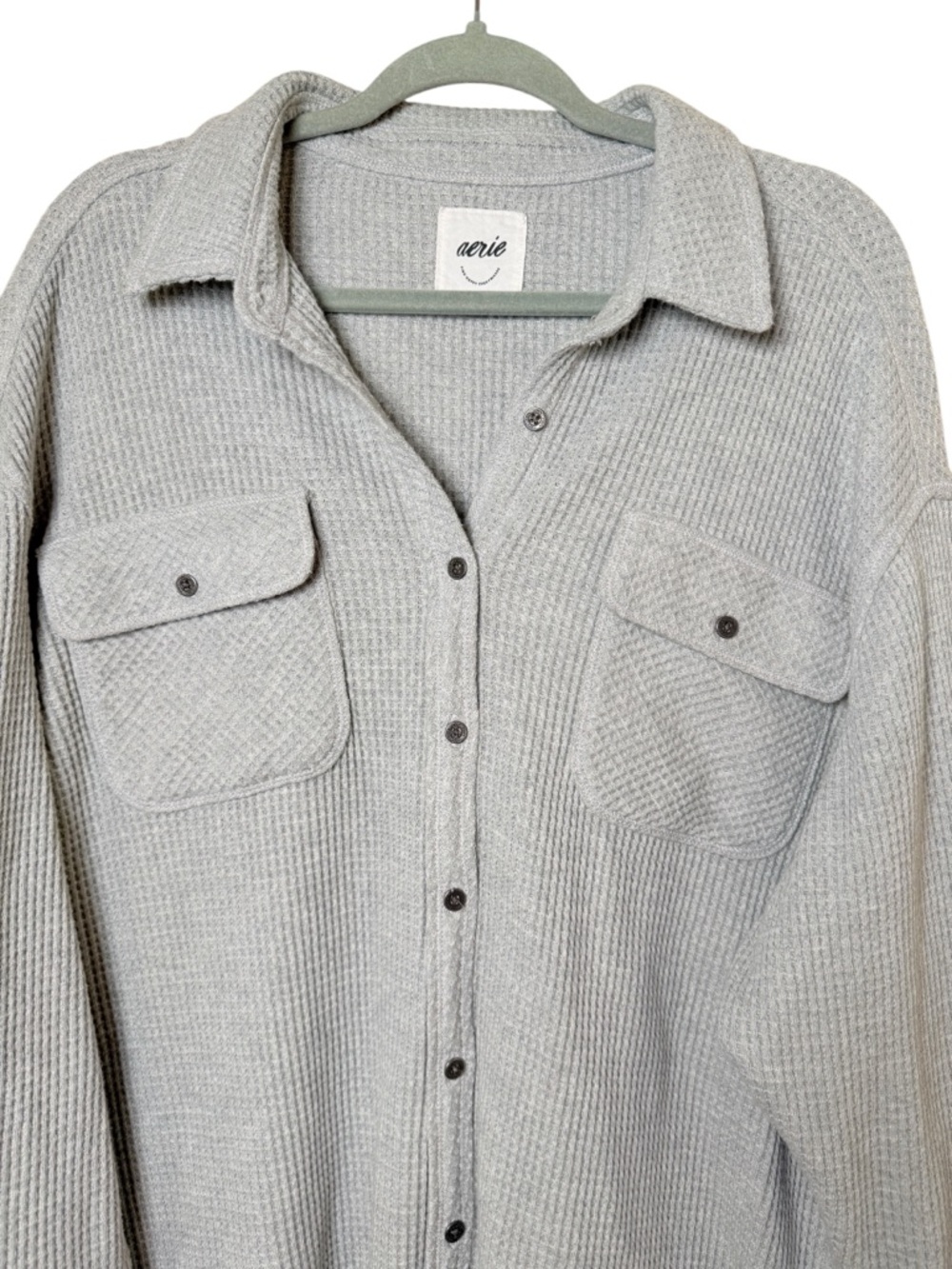 aerie Large LumberJane Waffle Knit Shirt Light Gray Button-Up Shacket - Picture 2 of 10